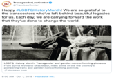 TransgenderLawCenter @TransLawCenter Happy #LGBTQHistoryMonth! We are so grateful to the transcestors who've left behind beautiful legacies for us. Each day, we are carrying forward the work that they've done to change the world. LGBTQ History Month: Transgender and gender-nonconforming pioneers From Sylvia Rivera to Miss Major, meet some of the the country's pioneering trans and gender-nonconforming activists. nbcnews.com 8:00 AM Oct 1, 2019 Hootsuite Inc.