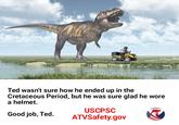 Ted wasn't sure how he ended up in the Cretaceous Period, but he was sure glad he wore a helmet USCPSC ATVSafety.gov Good job, Ted
