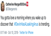 Catherine MargarBOOnissos @CMargaronis You gotta love a morning where you wake up to discover that #DevinHasALeakingAnus is trending 8:17 AM Oct 10, 2019 Twitter for iPhone