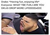 Drake: *Having fun, enjoying life* Everyone: WHAT TBE FUKJ ARE YOU DKIJG DROP MORE LIFEEEEEeEEE @6ixwonders