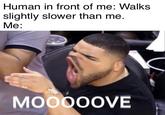 Human in front of me: Walks slightly slower than me. Me: MOO00OVE