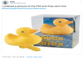 Kate @SpaceNature2 Iordered a picture of the PM and they sent this #AwfullyBritishAmazonReviews DUCK with a D--- 11:04 PM Oct 13, 2019 Twitter Web App