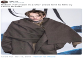 Martin @_SmartUK Robert Pattinson in a Dior piece lent to him by Lenny Kravitz 12:09 PM Oct 15, 2019 Twitter for iPhone