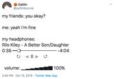 rilo kiley Caitlin @caitlinblunnie my friends: you okay? me: yeah I'm fine my headphones: Rilo Kiley A Better Son/Daughter 0:35 -4:04 volume: 100% 2:45 PM Oct 15, 2019 Twitter Web App