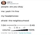 neighbourhood LEXI @margielamuse people: are you okay me: yeah i'm fine my headphones: afraid- the neighbourhood 3:45 1:04 Il volume: 100% 2:53 PM Oct 14, 2019 Twitter for iPhone