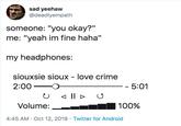 Love Crime sad yeehaw @deadlyempath someone: "you okay?" me: "yeah im fine haha" my headphones: siouxsie sioux - love crime 2:00 5:01 - - Il Volume: 100% 4:45 AM Oct 12, 2019 Twitter for Android