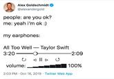 Taylor Swift Alex Goldschmidt @alexandergold people: are you ok? me: yeah i'm ok :) my earphones: All Too Well Taylor Swift 3:20 2:09 volume: | 100% 2:03 PM Oct 16, 2019 Twitter Web App
