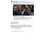 Jennifer Rubin@JRubinBlogger May 31, 2019 Inside Romney's Trump strategy- his strategy is nonconfrontation verging on spinelessness politico.com/story/2019/05/. Inside Romney's Trump strategy The lane that I've chosen has almost no one in it," the Utah Republican and two-time presidential hopeful says. politico.com Pierre Delecto @qaws9876 Jennifer, you need to take a breath. Maybe you can then acknowledge the people who agree with you in large measure even if not in every measure. 4 1:45 PM - May 31, 2019 See Pierre Delecto's other Tweets