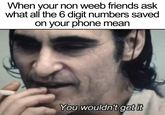 When your non weeb friends ask what all the 6 digit numbers saved on your phone mean You wouldn't get it