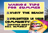 WARIO'S TIPS FOR SUMMER 1VISIT THE BEACH! 2VOLUNTEER IN YO R COMMUNITY! 3EPSTEIN DIDNT KILL HIMSELF