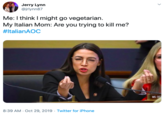 Jerry Lynn @jrlynn87 Me: I think I might go vegetarian My Italian Mom: Are you trying to kill me? #ItalianAOC MS. OC 8:39 AM Oct 29, 2019 Twitter for iPhone