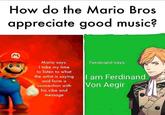 How do the Mario Bros appreciate good music? Mario says: Ferdinand says: I take my time to listen to what l am Ferdinand Von Aegir the artist is saying and form a connection with his vibe and message