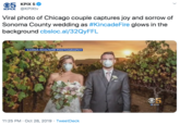 05 КРІХ 5 КРIХ ФКРІХtv Viral photo of Chicago couple captures joy and sorrow of Sonoma County wedding as #KincadeFire glows in the background cbsloc.al/32QyFFL KARNA ROA/KMR PHOTOGRAPHY O5 fKPIX 11:25 PM Oct 28, 2019 TweetDeck