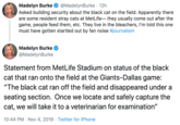 Madelyn Burke Asked building security about the black cat on the field: Apparently there are some resident stray cats at MetLife- they usually come out after the game, people feed them, etc. They live in the bleachers, I'm told this one must have gotten startled out by fan noise #journalism @MadelynBurke 12h . Madelyn Burke @MadelynBurke Statement from MetLife Stadium on status of the black cat that ran onto the field at the Giants-Dallas game: "The black cat ran off the field and disappeared under a seating section. Once we locate and safely capture the cat, we will take it to a veterinarian for examination" 10:44 PM Nov 4, 2019 Twitter for iPhone .