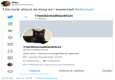 Mike @MKChiWriting This took about as long as I expected #blackcat TheGiantaBlackCat 2 Tweets # TheGiantaBlackCat @GiantsBlackCat Just your cat purrruzing Giants games EJoined November 2019 1 Following 0 Followers Not followed by anyone you're following Tweets & replies Media Tweets ooo 9:23 PM Nov 4, 2019 Twitter Web App