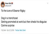 Peter Silk @KestrelPi To the tune of Eleanor Rigby: Dog in a trenchcoat Getting promoted at work but then sheds his disguise Canine surprise 7:22 AM Oct 27, 2016 Twitter Web Client