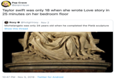 Pop Crave @popcrayye Taylor swift was only 18 when she wrote Love story in 25 minutes on her bedroom floor Roxy@hotgirlroxy Nov 2 Michelangelo was only 24 years old when he completed the Pietà sculpture Show this thread 10:47 PM Nov 5, 2019 Twitter for Android