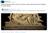 Shayan @RazaHamdani14 Sansa Stark was only 19 when she became the Queen in the North Roxy@hotgirlroxy Nov 2 Michelangelo was only 24 years old when he completed the Pietà sculpture Show this thread 1:46 PM Nov 6, 2019 Twitter for Android