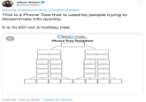 Alison Rosen @AlisonRosen Replying to @theyearofelan and@ScottWalker This is a Phone Tree that is used by people trying to disseminate info quickly It is ALSO not a holiday tree DialMyCallsm t Mnsag rodtng Mad y Phone Tree Template 2:52 PM Nov 8, 2019 Twitter for iPhone >