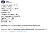 Katie @katieguo Hulu (no ads) $13 Netflix $12 HBO now/max - $15 Disney+ $7 Prime $9 CBS All Access - $6 feet pics/vids $4838 Apple TV+ $5 Showtime $11 STARZ - $9 Almost $5000 a month on streaming services. Cutting the cord was supposed to save us how much? 10:44 AM Nov 13, 2019 Twitter Web App