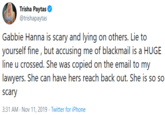 Trisha Paytas @trishapaytas Gabbie Hanna is scary and lying on others. Lie to yourself fine, but accusing me of blackmail is a HUGE line u crossed. She was copied on the email to my lawyers. She can have hers reach back out. She is so so scary 3:31 AM Nov 11, 2019 Twitter for iPhone