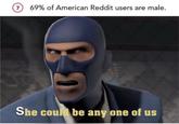 7 69% of American Reddit users are male. She coud be any one of us