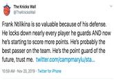 The Knicks Wall @TheKnicksWall Frank Ntilikina is so valuable because of his defense. He locks down nearly every player he guards AND now he's starting to score more points. He's probably the best passer on the team. He's the point guard of the future, trust me. twitter.com/campmarylu/sta... 10:59 AM Nov 20, 2019 Twitter for iPhone 4