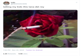 indie @INDIEWASHERE telling my kids this lana del rey 7:00 PM Nov 19, 2019 Twitter for Android 1.2K Retweets 5.5K Likes Petal Flower Hybrid tea rose Red Garden roses Rose Rose family Plant Floribunda