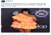 E! News ENEWS @enews A moment of silence for @lizzo and her tiny purse The queen has arrived and we're feelin' GOOD. AS HELL. #AMASA aba AMERICAN MUSIC AWARDS dcp d--- lark productions 6:31 PM Nov 24, 2019 Twitter Web App