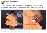 Ryan Schocket @RyanSchocket Lizzo carried the amount of support Taylor Swift received from male musicians this year #AMAS abe AMERICAN MUSIC AWARDS dcp d--- clark productions 6:47 PM Nov 24, 2019 Twitter Web App