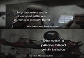 My cousins with u/the_controler normal pillows during a pillow fight We have you four to one Me with a pillow filled with bricks I like those odds