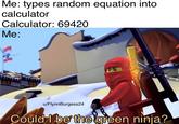 Me: types random equation into calculator Calculator: 69420 Me: u/FlynnBurgess24 Could I be the green ninja?