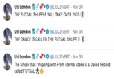 · Nov 30 Uzi London @LILUZIVERT THE FUTSAL SHUFFLE WILL TAKE OVER 2020 ® @LILUZIVERT - Nov 30 THE DANCE IS CALLED THE FUTSAL SHUFFLE . Uzi London · Nov 30 Uzi London The Single that l'm going with From Eternal Atake is a Dance Record called FUTSAL O @LILUZIVERT