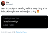 Kels @kelsey_a18 tears in brooklyn is trending and the funny thing is im in brooklyn right now and was just crying Trending in New York Tears in Brooklyn 2,228 Tweets 12:16 PM · Dec 4, 2019 · Twitter for iPhone