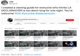 miki @inigrue I created a viewing guide for everyone who thinks LA DECLARACIÓN is too damn long for one night. You're welcome! #cfk #youtube #ladeclaración Cristina Fernández de Kirchner o SUSCRIBIRSE 144 mil suscriptores viDEOS MÁS INFORMACIÓN LISTAS DE REPRODUCCIÓN COMUNIDAD INICIO CANALES F ORDENAR POR Videos subidos REPRODUCIR TODO 8. 7. A CAUSA DE LA "OBRA PUBLICA EL CASO PARADIGMAnco DE LAWARE LA RAZON DE DEFENSA EL PLAN DEADO POR EL GOBIERND SALIENTE LA PROCI DE LA TRANSION EN Vo DE LA AUDIENCIA UTACION LOS CUATRO PNTOS DE LA ACUSACION. 39:32 17-27 17:09 12751 1333 7. Cuál es la imputación? Los cuatro puntos de la. 1. La prohibición de la transmisión en vivo de la. 6. La causa de la "obra pública", el caso. 2. El plan ideado por el gobiemo saliente. 308 visualizaciones 8. La razón de mi defensa. 660 visualizaciones Hace 1 hora 1,5 mil visualizaciones 400 visualizaciones 381 visualizaciones Hace 1 hora Hace 1 hora Hace 1 hora Hace 1 hora 3. LA PER PERcucd DEATADA APART DEL 1O DE DIC DEGLARACIÓN LAWARE LA DEMONEACION DE UN PROTECTO POLTCO A TRAVS DE CAUAS JUDICIAL LOS PEDIDO DE PRUEBA DE COMPLETA USTCA E31:40 25:56 54 1:04:07 418 5. Lawfare: la demonización de un proyecto politico a 682 visualizaciones 3. La feroz persecución desatada a partir del 10 de. 506 visualizaciones uxe Hace 1 hora La declaración que no te dejaron ver ni escuchar. En vivo desde el comando electoral del Frente de. 4. El rechazo de los pedidos de prueba de la justicia'. 12 mil visualizaciones 425 mil visualizaciones 74 mil visualizaciones Hace 1 hora Hace 1 hora Hace 21 horas Hace 1 mes 9:54 AM · Dec 3, 2019 · Twitter for Android AREN