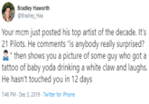 Bradley Haworth @Bradley_Haa Your mcm just posted his top artist of the decade. It's 21 Pilots. He comments "is anybody really surprised? " then shows you a picture of some guy who got a tattoo of baby yoda drinking a white claw and laughs. He hasn't touched you in 12 days 7:46 PM · Dec 5, 2019 · Twitter for iPhone
