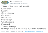 MournHub @equimanthorn_ The Circles of Hell: Limbo Lust Gluttony Greed Wrath Heresy Violence Fraud Treachery Baby Yoda White Claw Tattoo 2:02 PM · Dec 5, 2019 · Twitter for iPhone