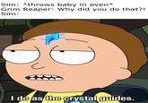 Sim: *throws baby in oven* Grim Reaper: Why did you do that?! Sim: I do as the crystal guides.