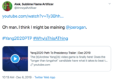 Alek, Sublime Flame Artificer @AnnoydArtificer youtube.com/watch?v=Ty3Bhh... Oh man. I think I might be maining @joerogan. #Yang2020PTP #WhylsThisAThing Yang2020 Path To Presidency Trailer | Dec 2019 The [b]Andrew Yang[/b] video game is finally here! Does the "longer than longshot" candidate have what it takes to beat t... JOU S youtube.com 10:13 AM · Dec 6, 2019 · Twitter Web App