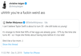 christine teigen @chrissyteigen uhhhh you're a f----- weird ass Stefan Molyneux @StefanMolyneux - 19h I can't believe Taylor Swift is about to turn 30 - she still looks so young! It's strange to think that 90% of her eggs are already gone - 97% by the time she turns 40 - so I hope she thinks about having kids before it's too late! She'd be a fun mom. :) Show this thread 11:53 PM · Dec 9, 2019 - Twitter for iPhone