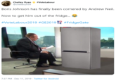 #Votelabour Chelley Ryan @chelleryn99 Boris Johnson has finally been cornered by Andrew Neil. Now to get him out of the fridge... Vo TE #FridgeGate #Votelabour2019 #GE2019 7:37 PM - Dec 11, 2019 · Twitter for Android