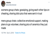 mischo @worldbrothered womens group chats: gossiping, giving each other tips on cheating, sharing d--- pics that were sent in trust mens group chats: collective emotional support, making plans to go volunteer, sharing pics of ceramics they just made 1:37 PM · Dec 5, 2018 · Twitter for iPhone