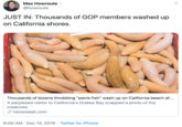Max Howroute @howroute JUST IN: Thousands of GOP members washed up on California shores. Thousands of bizarre throbbing "penis fish" wash up on California beach af... A perplexed visitor to California's Drakes Bay snapped a photo of the creatures. P newsweek.com 6:00 AM · Dec 13, 2019 · Twitter for iPhone