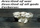 Ares:God of war Zeus:God of all gods Cerberus: