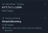 28 Video Games Trending #グラブルフェス2019 163K Tweets 29 Trending worldwide #DropOutBloomberg 11.3K Tweets 9 Ed Zitron, Jason Gore, and 3 more are Tweeting about this