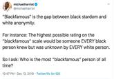 michaelharriot @michaelharriot "Blackfamous" is the gap between black stardom and white anonymity. For instance: The highest possible rating on the "blackfamous" scale would be someone EVERY black person knew but was unknown by EVERY white person. Sol ask: Who is the most "blackfamous" person of all time? 10:47 PM · Dec 13, 2019 · Twitterrific for iOS