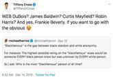Tiffany Cross @TiffanyDCross WEB DuBois? James Baldwin? Curtis Mayfield? Robin Harris? And yes, Frankie Beverly. If you want to go with the obvious @michaelharriot · Dec 13 michaelharriot c "Blackfamous" is the gap between black stardom and white anonymity. For instance: The highest possible rating on the "blackfamous" scale would be someone EVERY black person knew but was unknown by EVERY white person. So l ask: Who is the most "blackfamous" person of all time? 8:32 AM · Dec 14, 2019 · Twitter for iPad