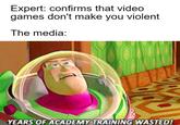 Expert: confirms that video games don't make you violent The media: YEARS OF ACADEMY TRAINING WASTED!