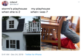 m3aruf @m3aruf stormi's playhouse my playhouse when i was 7 when she is 2 5:41 AM · Dec 24, 2019 · Twitter for iPhone