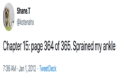 Shane.T @kotenahs Chapter 15: page 364 of 365. Sprained my ankle 7:36 AM · Jan 1, 2012 · TweetDeck